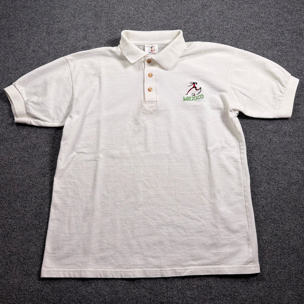 Vintage 2002 FIFA World Cup Polo Shirt Mexico Mens Large White Soccer Patch